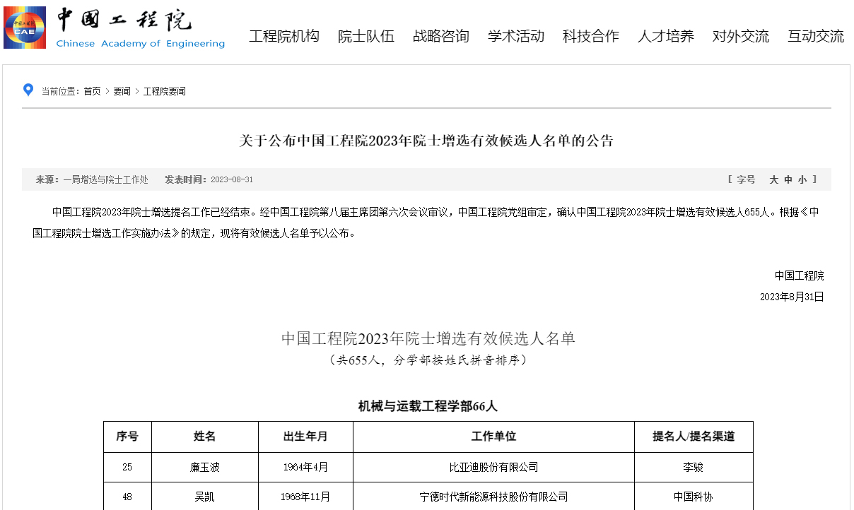 比亚迪/宁德时代首席科学家入选!2023年两院院士增选有效候选人名单公布 比亚迪/宁德时代首席科学家入选!2023年两院院士增选有效候选人名单公布
