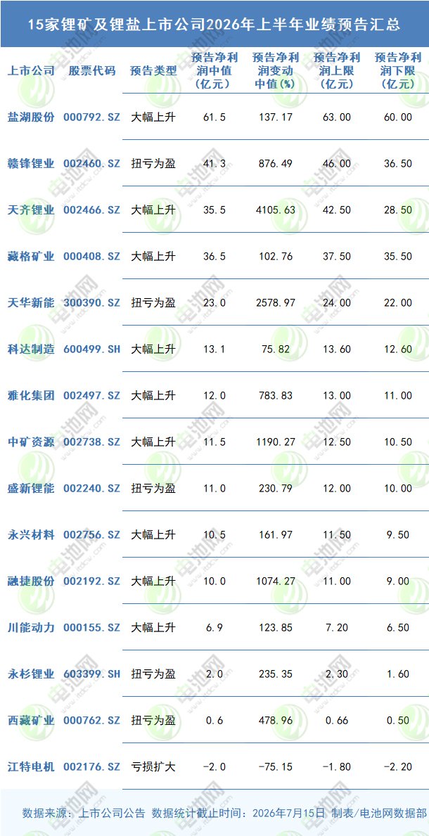 15家锂矿及锂盐上市公司中报预告速览