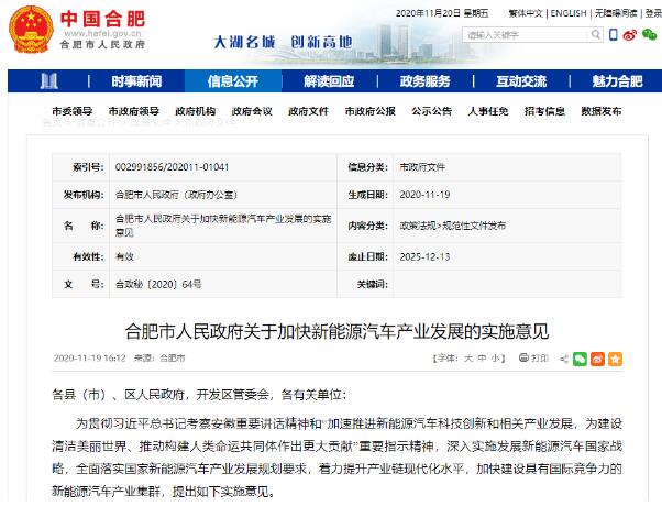 合肥发布新能源汽车产业重磅政策 2025年产能目标达100万辆