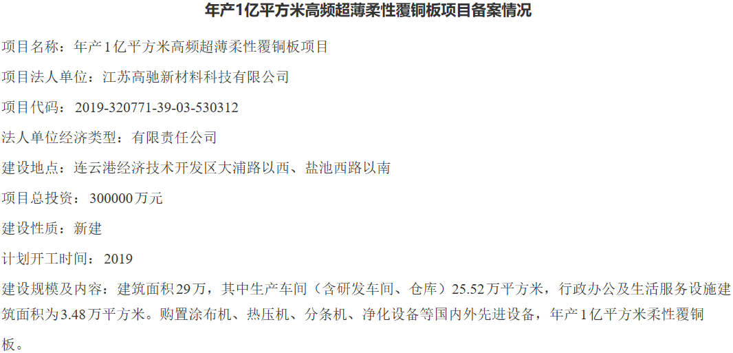 江苏高驰年产1亿平方米高频超薄柔性覆铜板项目开工 总投资30亿
