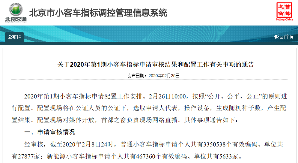 北京2020年第1期小客车指标明日摇号 个人新能源指标将在1期用尽