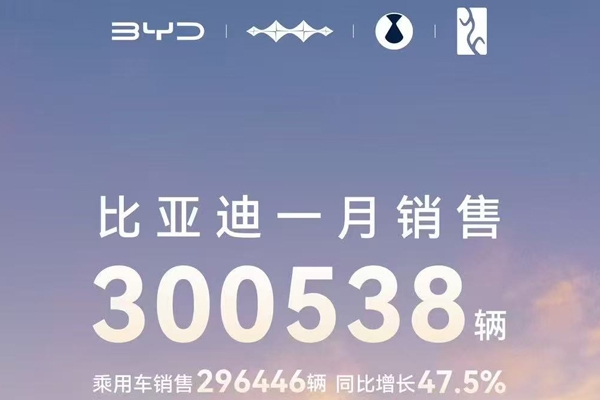 比亚迪1月销量约30.05万辆 动力及储能电池装机量约15.5GWh