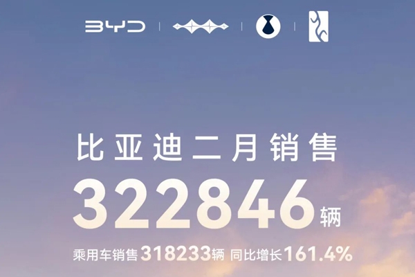 比亚迪汽车：2月份销售322846辆 同比增长164%