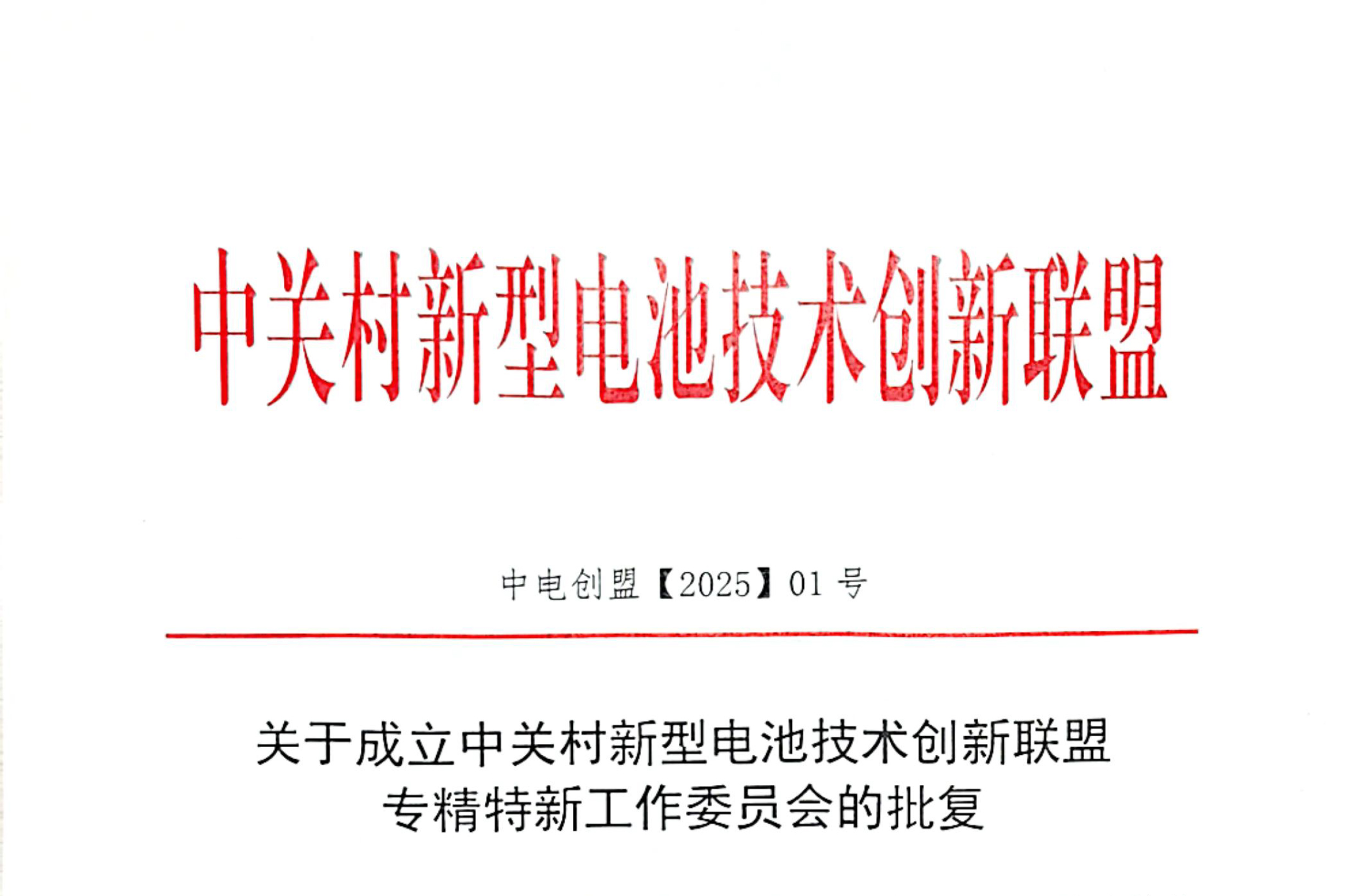 关于成立中关村新型电池技术创新联盟专精特新工作委员会的批复